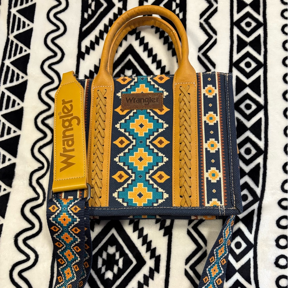 Wrangler Blue and Tan Crossbody Bag with Ethnic Pattern